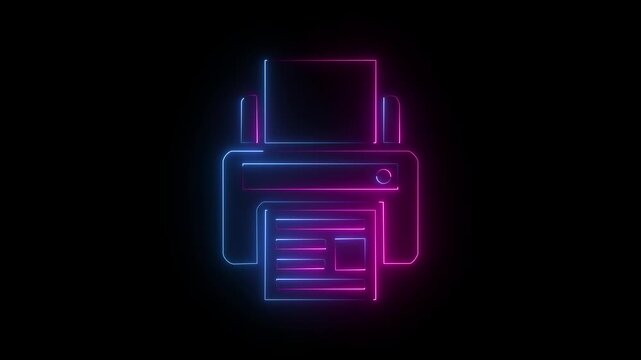 Pink and blue neon printer icon glowing on black background for office technology concept.
