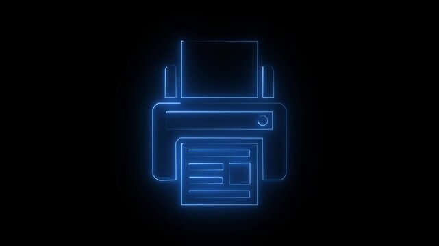 Blue neon printer icon glowing on black background for office technology and hardware.