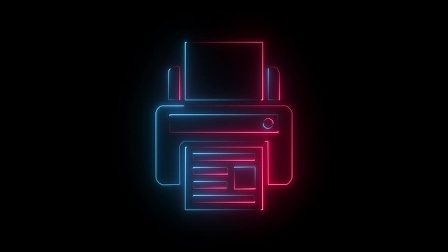 Red and blue neon printer icon glowing on black background for office technology concept.