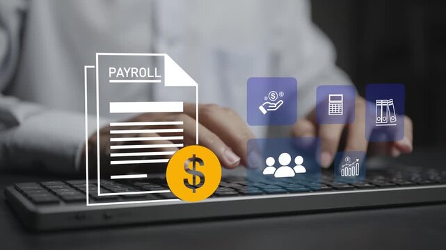 Payroll management concept. Person typing keyboard with salary and employee payment icons, payroll processing, compensation administration and human resources management.