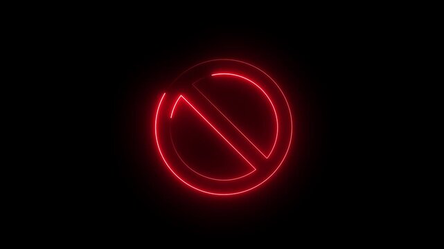 Red neon prohibition sign icon glowing on black background for forbidden or no entry concept.