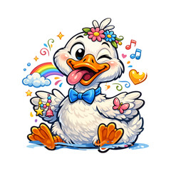 Fototapeta premium Happy cute duck winking with rainbow and music notes character butterfly colorful whimsical cheerful illustration youthful imagination expression