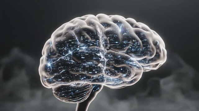 Human brain visualization with glowing neural network connections and electrical impulses representing artificial intelligence and cognitive computing of video