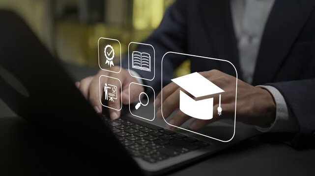 Digital e learning platform concept. Person using laptop with course icons, online education, skill development and distance learning.