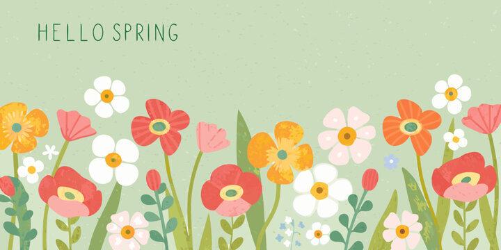Floral Ornament With Spring Text Vector Illustration On Green Background