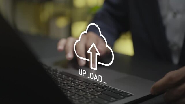 Cloud upload concept. Person using laptop with cloud storage and file upload icons, secure data transfer, online backup and digital storage solutions.
