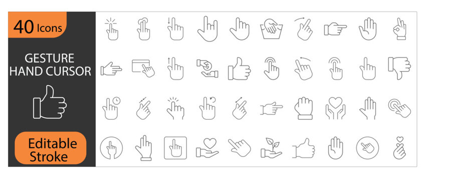 Modern gesture hand cursor icons collection featuring click, tap, swipe, drag, and user interaction symbols.