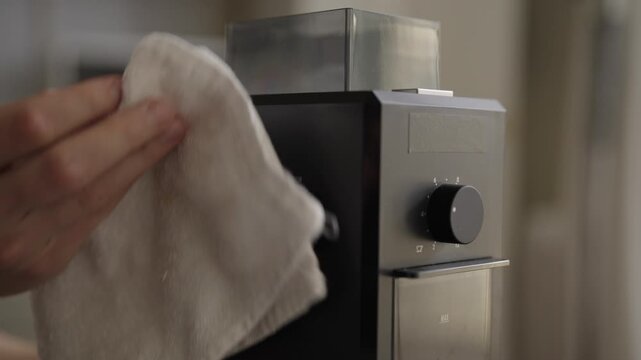 Detailed shot of person hands cleaning sleek, black electric coffee grinder with white cloth, performing routine maintenance and upkeep for kitchen appliance. Shooting in slow motion