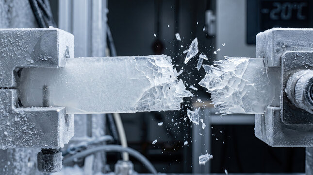 Frozen Polymer Material Bar Fracture Under Tensile Stress Test in Cryogenic Laboratory