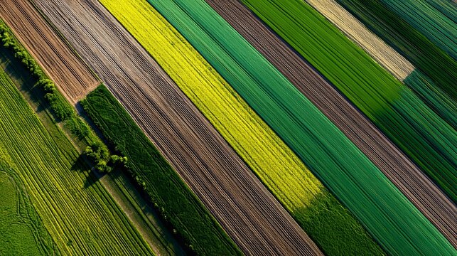 Aerial view of vibrant agricultural farm fields featuring diverse crops in parallel colorful stripes captured during a bright sunny day
