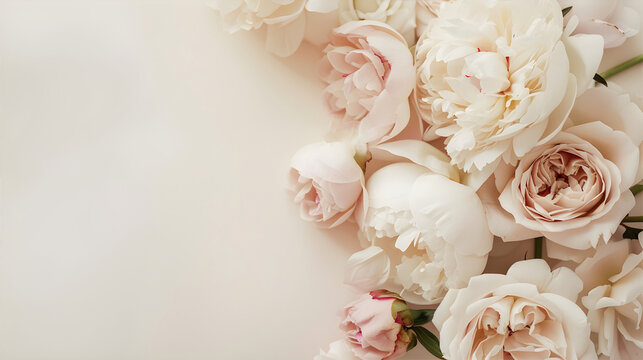 Beautiful peony flower arrangement on beige background. Delicate wedding floral composition with soft petals. Elegant natural botanical ornament for greeting card and festive invitation.