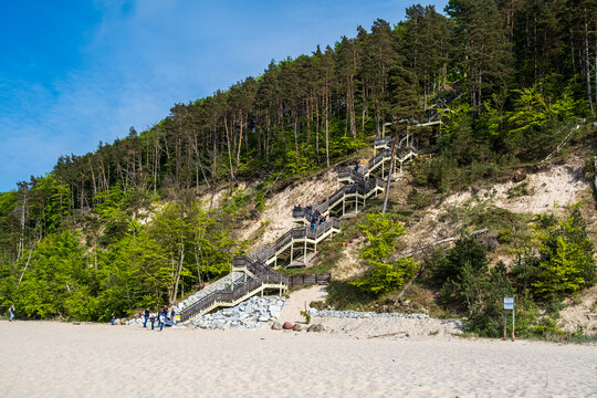 Kawcza Gora Stairs on Coastal Cliff Above Baltic Sea Beach in Międzyzdroje, Poland