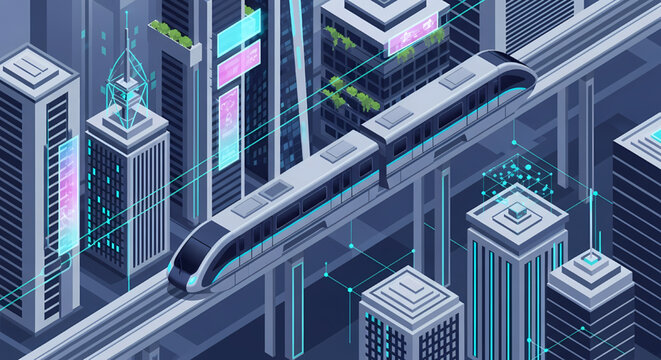 Modern monorail train in digital smart city