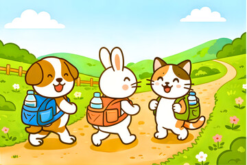 Naklejka premium Cute animal characters with backpacks hiking on a countryside path, cartoon illustration