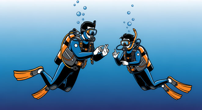 Two scuba divers communicating underwater using hand signals vector illustration