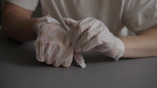 Anxious individual wearing disposable gloves nervously wringing and rubbing their hands sitting at grey table, expressing feelings of stress, worry, anticipation, close-up, slow motion