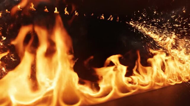 Dynamic flames create a fiery border with sparks and smoke, showcasing a continuous flow of fire elements against a dark background for visual impact