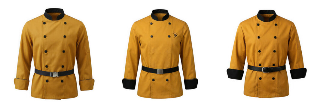 Professional mustard yellow chef jackets with black trim isolated on transparent background