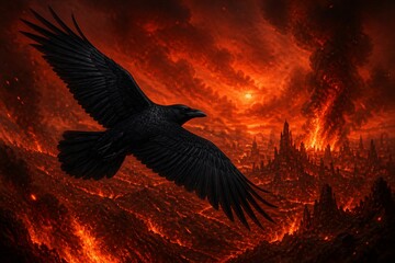 Obraz premium Raven flying over fiery volcanic landscape at dusk