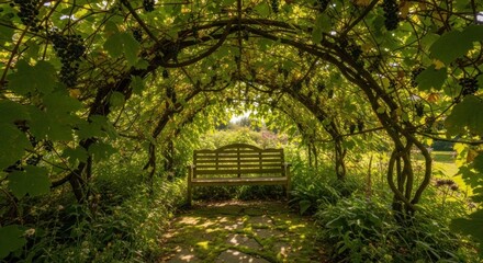 Fototapeta premium Lush green garden tunnel with wooden bench