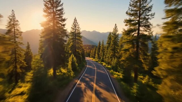 Aerial view of a winding asphalt road with double yellow lines passing through a dense evergreen pine forest in the mountains during a golden hour sunset with bright lens flare.