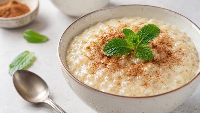 Creamy tapioca pudding in a bowl topped with cinnamon and fresh mint garnish