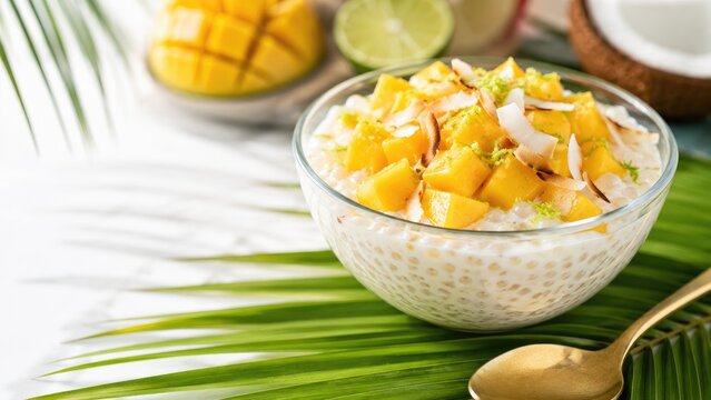 Creamy tapioca sago pudding topped with fresh mango, coconut flakes and lime zest in a glass bowl on a palm leaf, tropical summer dessert