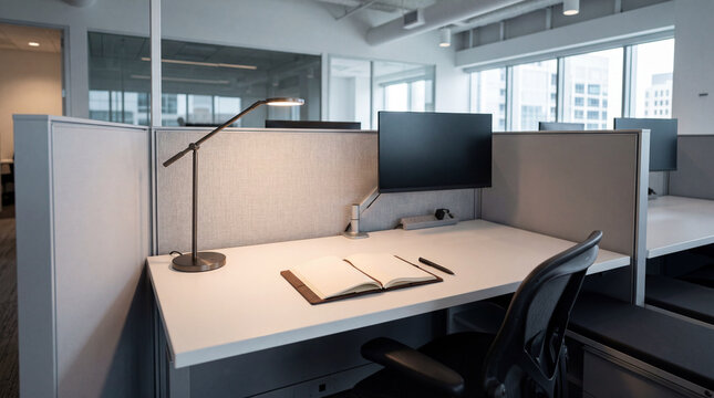 Ultra clean modern office cubicle space featuring empty leather notebook with a sleek pen setup