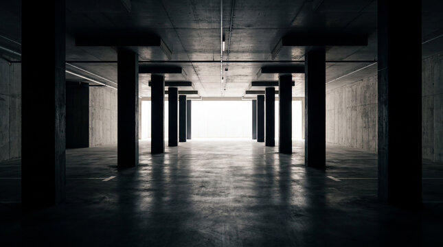 Dramatic high contrast shadow of sharp black columns silhouetted inside empty minimalist basement parking structure