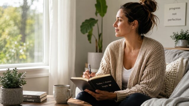 Woman journaling by a window in a cozy living room with houseplants, a mug, soft natural light and warm relaxed atmosphere