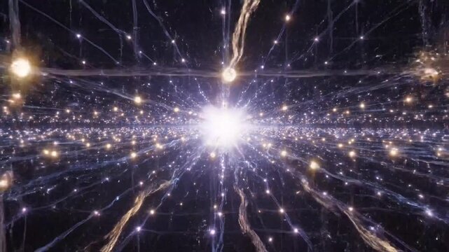 Abstract network of glowing lights in infinite digital space