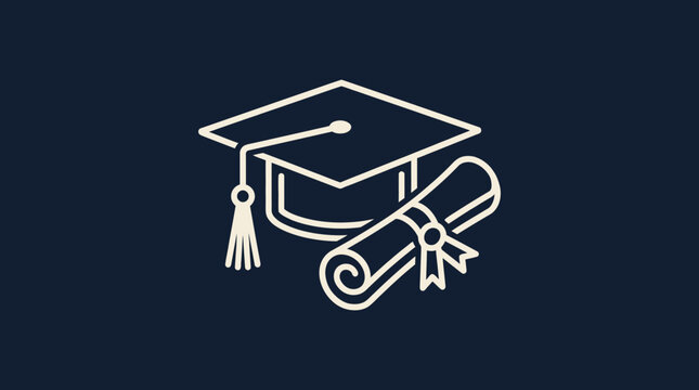 Graduation cap and diploma icon on dark blue background for education concept.