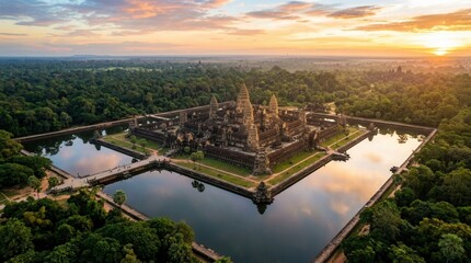 Naklejka premium Angkor Wat Temple Complex Sunrise Aerial View Cambodia.