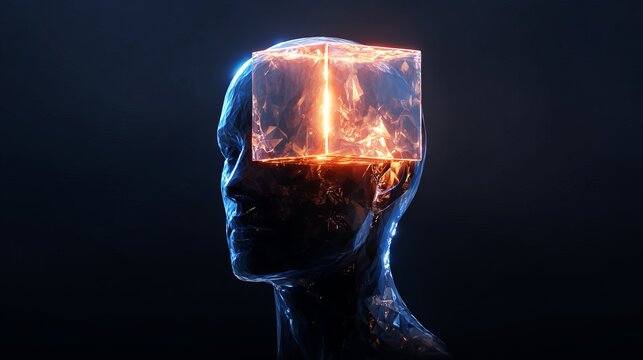 Abstract human head silhouette featuring a glowing orange cube structure inside a dark blue translucent crystalline digital artistic render composition