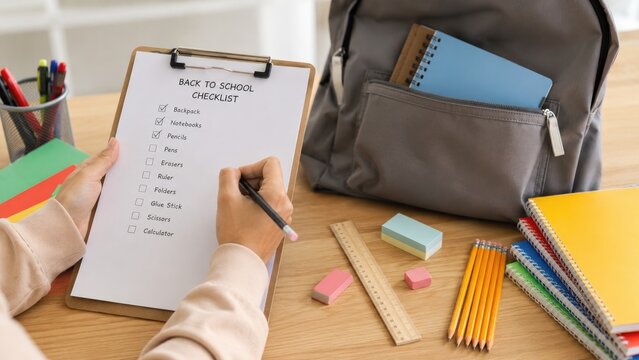 Student filling a back to school checklist on a clipboard with backpack, notebooks, pencils, erasers, ruler and other school supplies on a desk