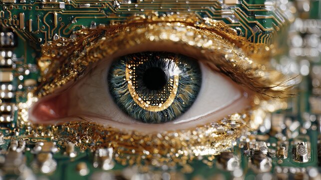 Macro human eye integrated with golden electronic circuit board components featuring intricate green textures and bright reflective metallic light patterns
