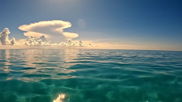 Wide angle view of calm turquoise ocean surface with gentle ripples under a clear blue sky featuring large white cumulus clouds on the horizon and sunlight reflecting on water.