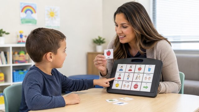Young boy using a picture communication board with a smiling therapist in a classroom therapy session