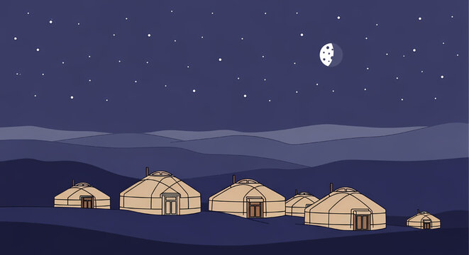 Mongolian yurts under a starry night sky