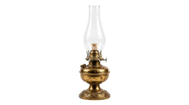 Antique brass oil lamp with clear glass chimney and wick for illumination and decoration PNG Isolated on transparent background