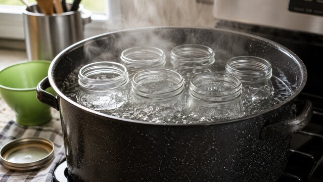 Mason jars being sterilized in a steaming water bath inside a speckled pot on a stovetop, with lids and kitchen items nearby