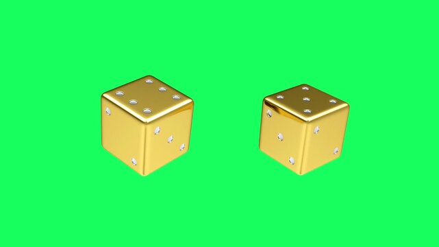 Two golden dice rotate and float against a bright green background, showing different faces in a looping 3D animation