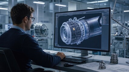 Obraz premium Engineer at a workstation creating a detailed 3D CAD model of a jet engine turbine component in a modern industrial design lab