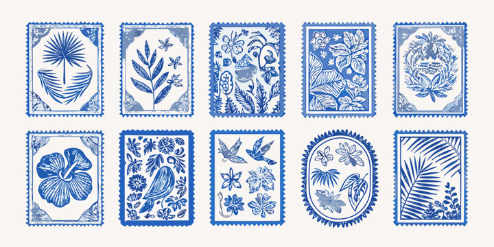 Delft Blue Tropical Tile Collection Vector Illustrations With Floral Motifs