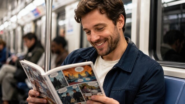 Man smiling while reading a comic book on a subway train during a relaxed urban commute