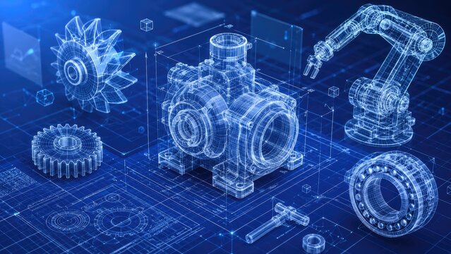 Blue wireframe 3D CAD visualization of mechanical parts and a robotic arm over technical blueprints