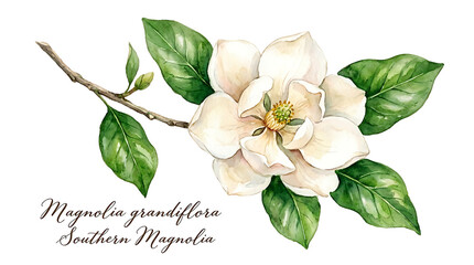Naklejka premium white magnolia flower branch with green leaves