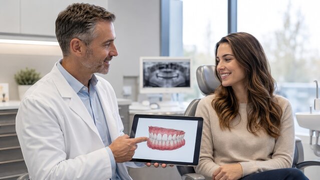 Dentist consulting a female patient in a modern dental clinic, showing a digital tooth and jaw model on a tablet for patient education