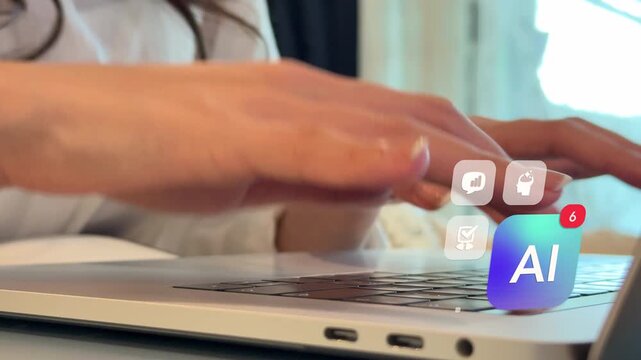 A slightly forward side view of an East Asian woman typing on her laptop at home, highlighting a 3D tracked digital AI assistant interface with high productivity icons, checking markers, and red count