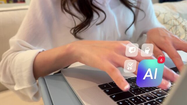 Nearly front angle shot of an East Asian woman hands typing on a laptop device inside a living room, featuring 3D tracked digital AI software icons, business bar charts, and red alert counter statisti